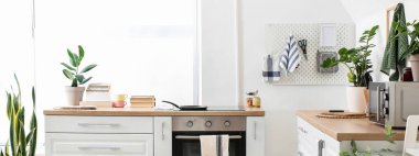 Modern mobilya ve ahşap kaplamalı hafif mutfak.