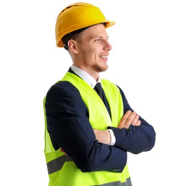 Male architect in vest on white background