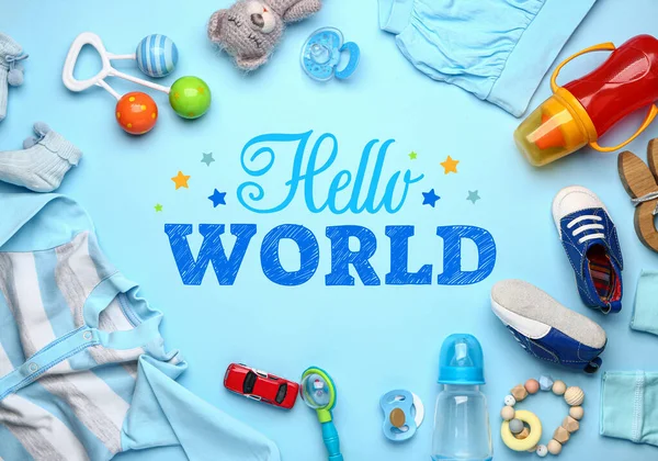 Banner with text HELLO WORLD and baby accessories