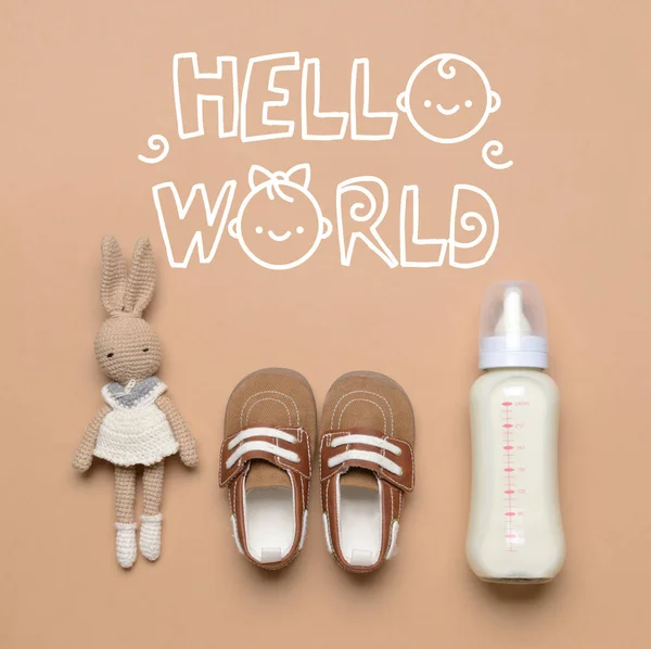 Banner Κείμενο Hello World Και Αξεσουάρ Για Μωρά — Φωτογραφία Αρχείου