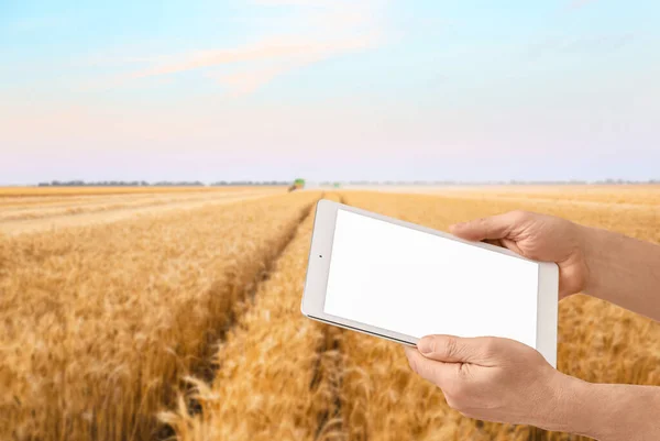 Farmer Tablet Computer Wheat Field Banner Design — Stock Photo, Image