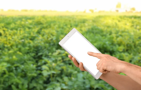 ジャガイモ畑のタブレットコンピュータを持つ農家 デザインのバナー — ストック写真