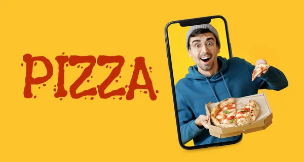 Kolaż Człowiekiem Trzymającym Smaczną Pizzę Duży Smartfon Żółtym Tle — Zdjęcie stockowe