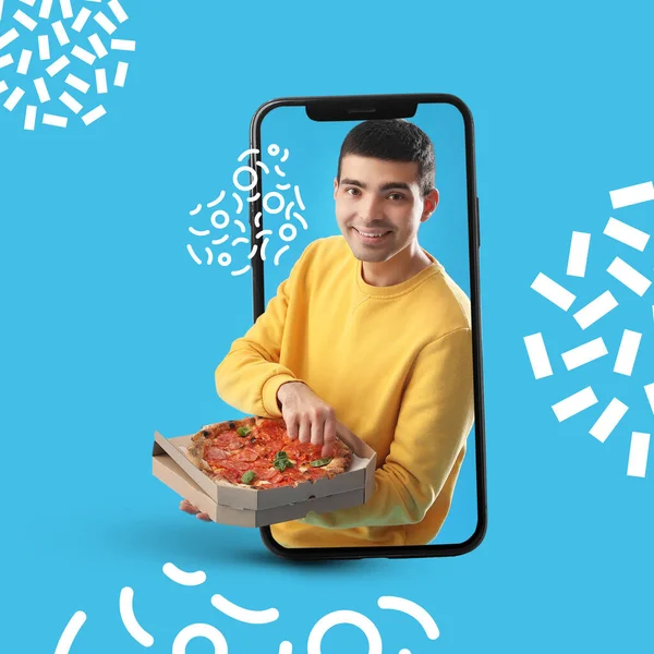 Colagem Com Homem Segurando Pizza Saborosa Smartphone Grande Fundo Azul — Fotografia de Stock