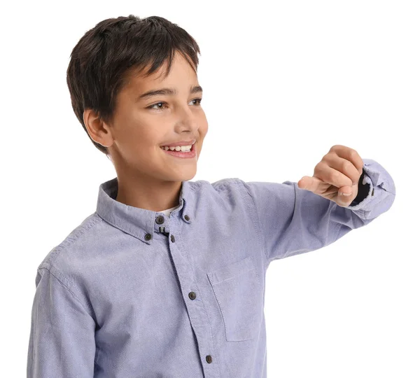 Маленький Хлопчик Використовує Віртуальний Екран Білому Тлі — стокове фото