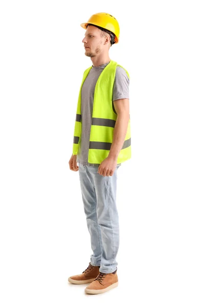 Male Worker Vest Hardhat White Background — Photo