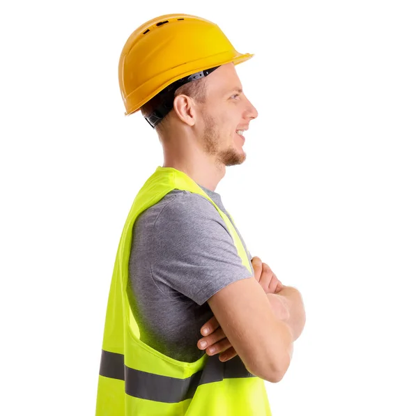 Male Worker Vest Hardhat White Background — Fotografia de Stock