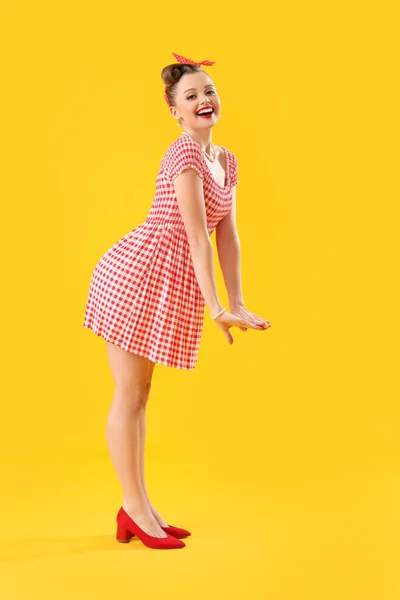 Young Pin Woman Dress Yellow Background — Stock Photo, Image
