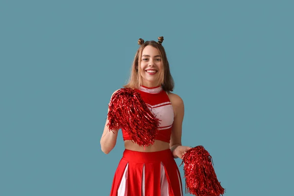 Vacker Cheerleader Blå Bakgrund — Stockfoto