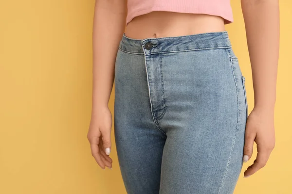 Young Woman Stylish Jeans Yellow Background Closeup — Stock Photo, Image