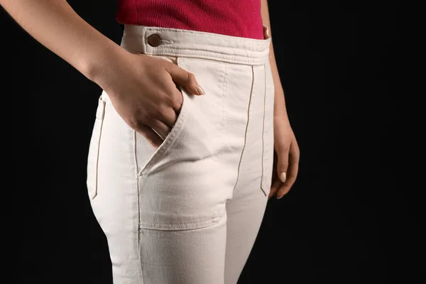 Young Woman White Jeans Black Background Closeup — Stock Photo, Image