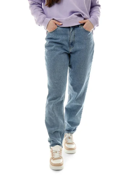 Ung Kvinna Snygga Jeans Vit Bakgrund — Stockfoto