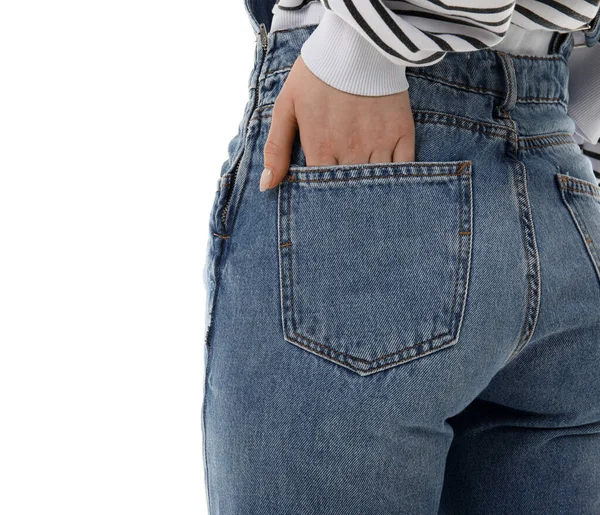 Jovem Mulher Macacão Jeans Fundo Branco Close — Fotografia de Stock