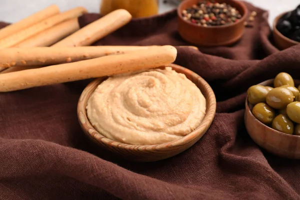 Bowl Tasty Hummus Italian Grissini Table — Stock Photo, Image