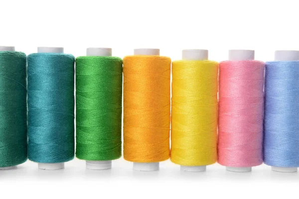 Set Colorful Thread Spools White Background Closeup — Stock Photo, Image