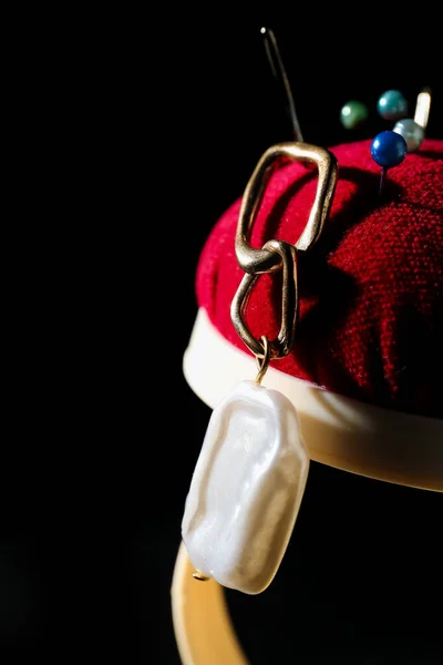 Pin Cushion Earring Black Background Closeup — Stock Photo, Image