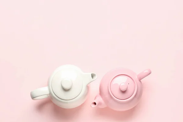 Different Teapots Pink Background — Stock Photo, Image