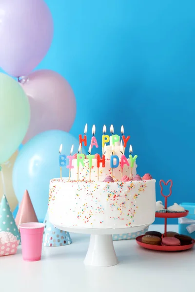 Birthday Cake Different Sweets Table Blue Wall — Stock Photo, Image