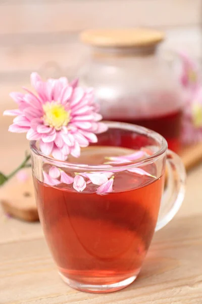 Beautiful Tea Set Chrysanthemums Wooden Table — Stock Photo, Image
