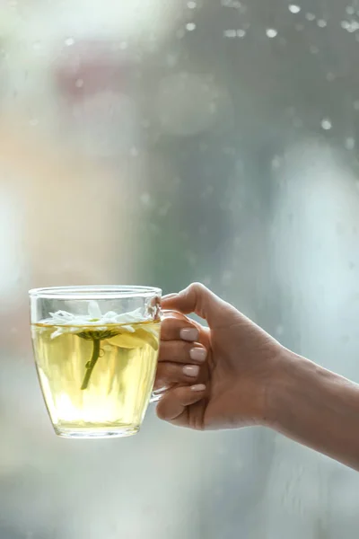 女性の手とともにカップの花茶対窓 — ストック写真