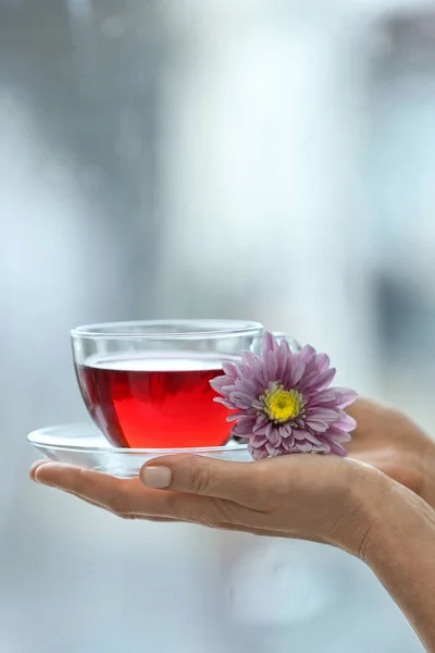 Pencere Kenarında Bir Fincan Çiçekli Çayla Kadın Eli — Stok fotoğraf
