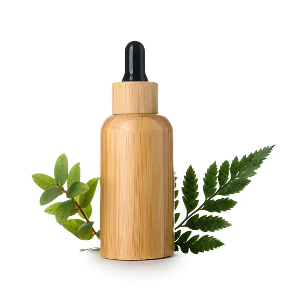 Bottle Cosmetic Oil Plant Twig White Background — Stock Photo, Image
