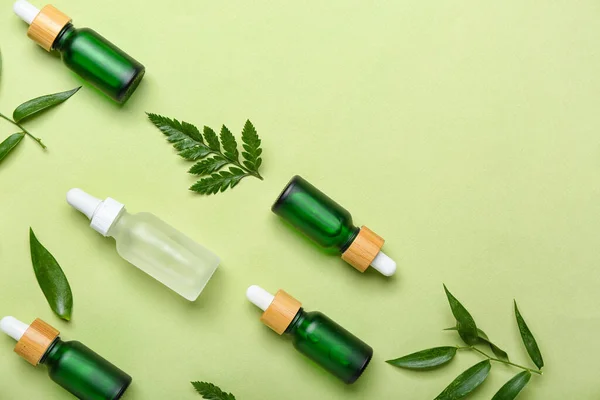 Bottles Cosmetic Oil Plant Twigs Light Green Background — Stock Photo, Image