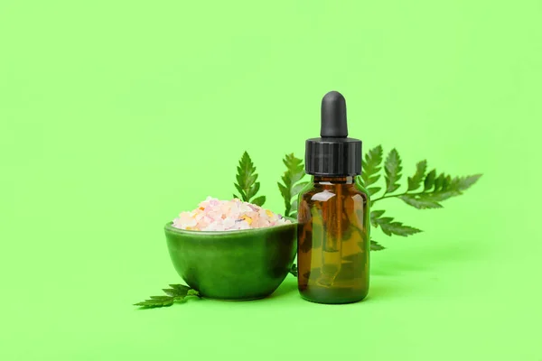 Bottle Cosmetic Oil Plant Twig Sea Salt Light Green Background — Stock Photo, Image