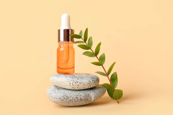 Bottle Cosmetic Oil Eucalyptus Twig Stones Beige Background — Stock Photo, Image