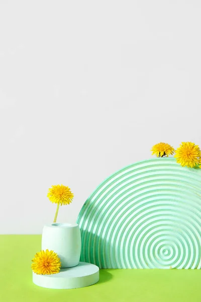 Podios Decorativos Con Flores Diente León Sobre Fondo Colorido — Foto de Stock