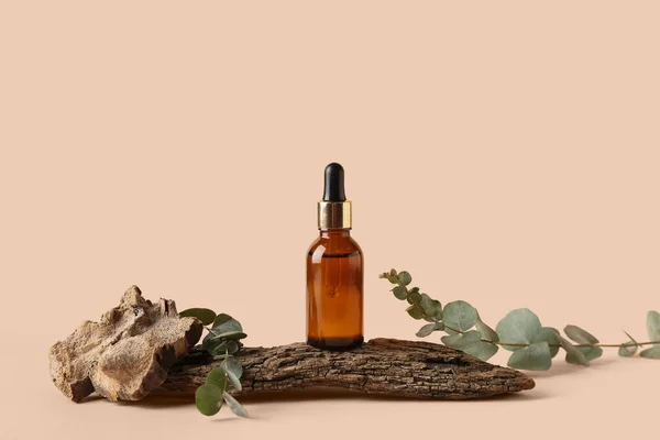 Bottle Cosmetic Oil Eucalyptus Branches Tree Bark Pale Pink Background — Stock Photo, Image