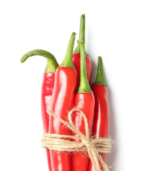 Tied Fresh Hot Chili Peppers Isolated White Background — Stock Photo, Image