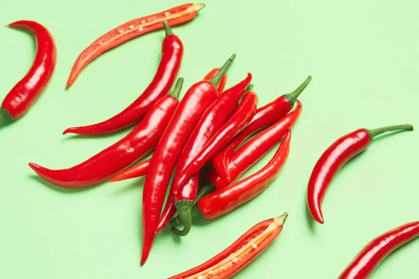 Fresh Hot Chili Peppers Pale Green Background — Stock Photo, Image