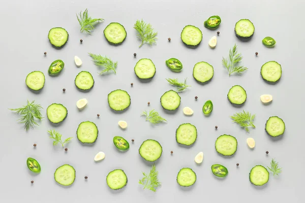 Slices Cucumber Dill Chilli Grey Background — Stock Photo, Image