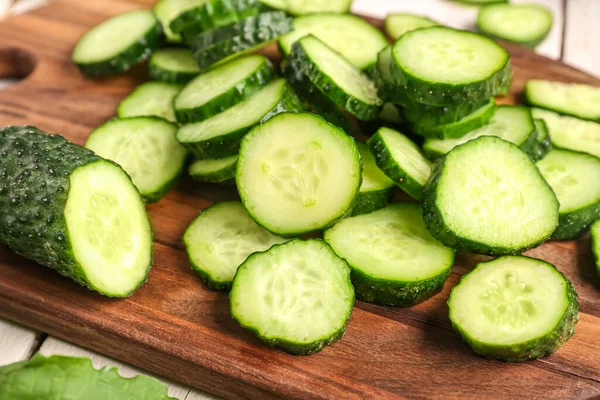 Wooden Board Pieces Fresh Cucumber Table Closeup — Stock Photo, Image