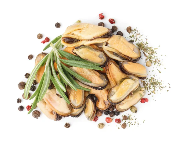 stock image Pickled mussels with rosemary and peppercorn on white background