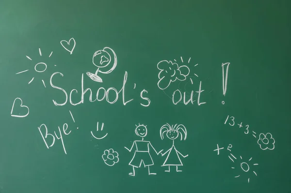 Text SCHOOL\'S OUT with drawings on blackboard