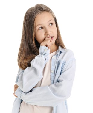 Little girl biting nails on white background