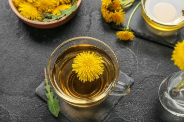 Bir bardak sağlıklı karahindiba çayı ve siyah arka planda çiçekli kase.