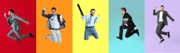 Grupp Hoppande Affärsmän Färgglada Bakgrund — Stockfoto