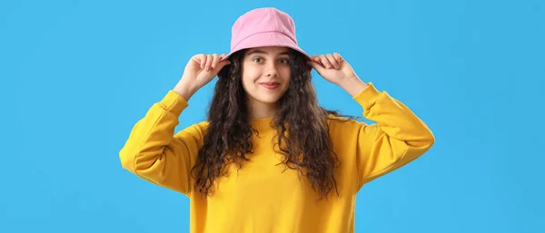 Teenage Girl Pink Bucket Hat Blue Background — Stock Photo, Image