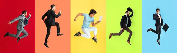 Коллаж Прыгающих Бизнесменов Красочном Фоне — стоковое фото