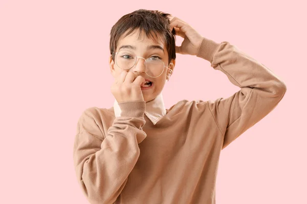 Little Boy Biting Nails Pink Background — Stock fotografie