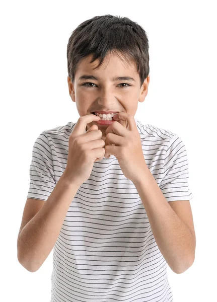 Angry Little Boy Biting Nails White Background — Stock Photo, Image
