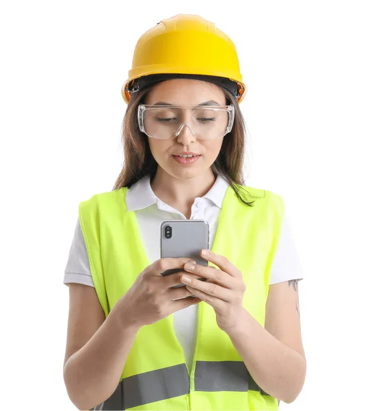 Female Worker Vest Hardhat Holding Mobile Phone White Background — Stock Photo, Image