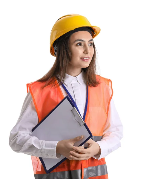 Female Engineer Clipboard White Background — Φωτογραφία Αρχείου