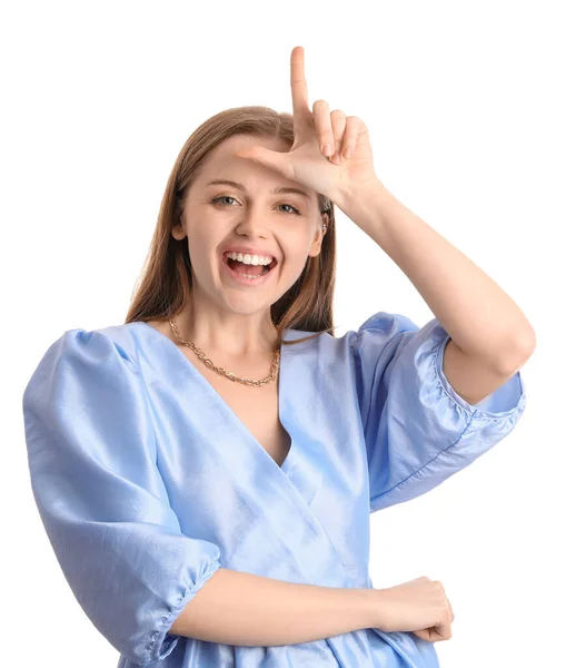 Young Woman Dress Showing Loser Gesture White Background — Stock Photo, Image