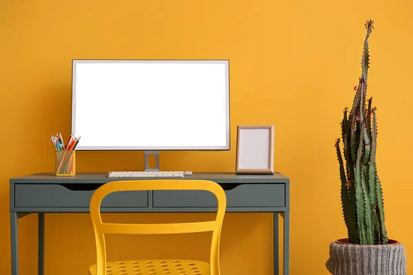 Stylish Workplace Modern Computer Cactus Yellow Wall — Stock Photo, Image