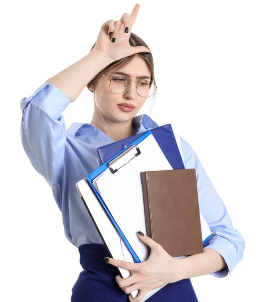 Sad Businesswoman Documents Showing Loser Gesture White Background — Stock Photo, Image