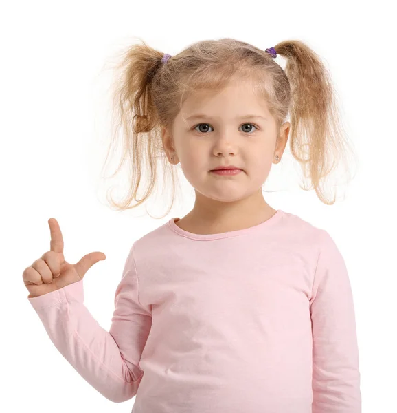Αστείο Κοριτσάκι Που Δείχνει Αποτυχημένη Χειρονομία Λευκό Φόντο — Φωτογραφία Αρχείου